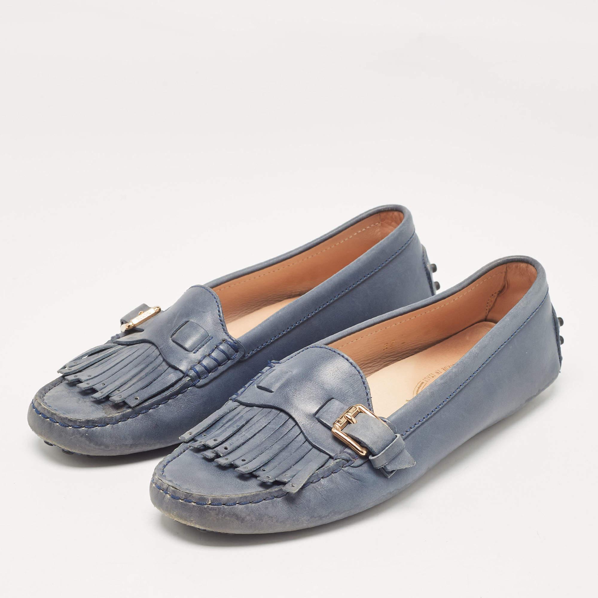Gray Tod's Blue Leather Loafers 37 For Sale