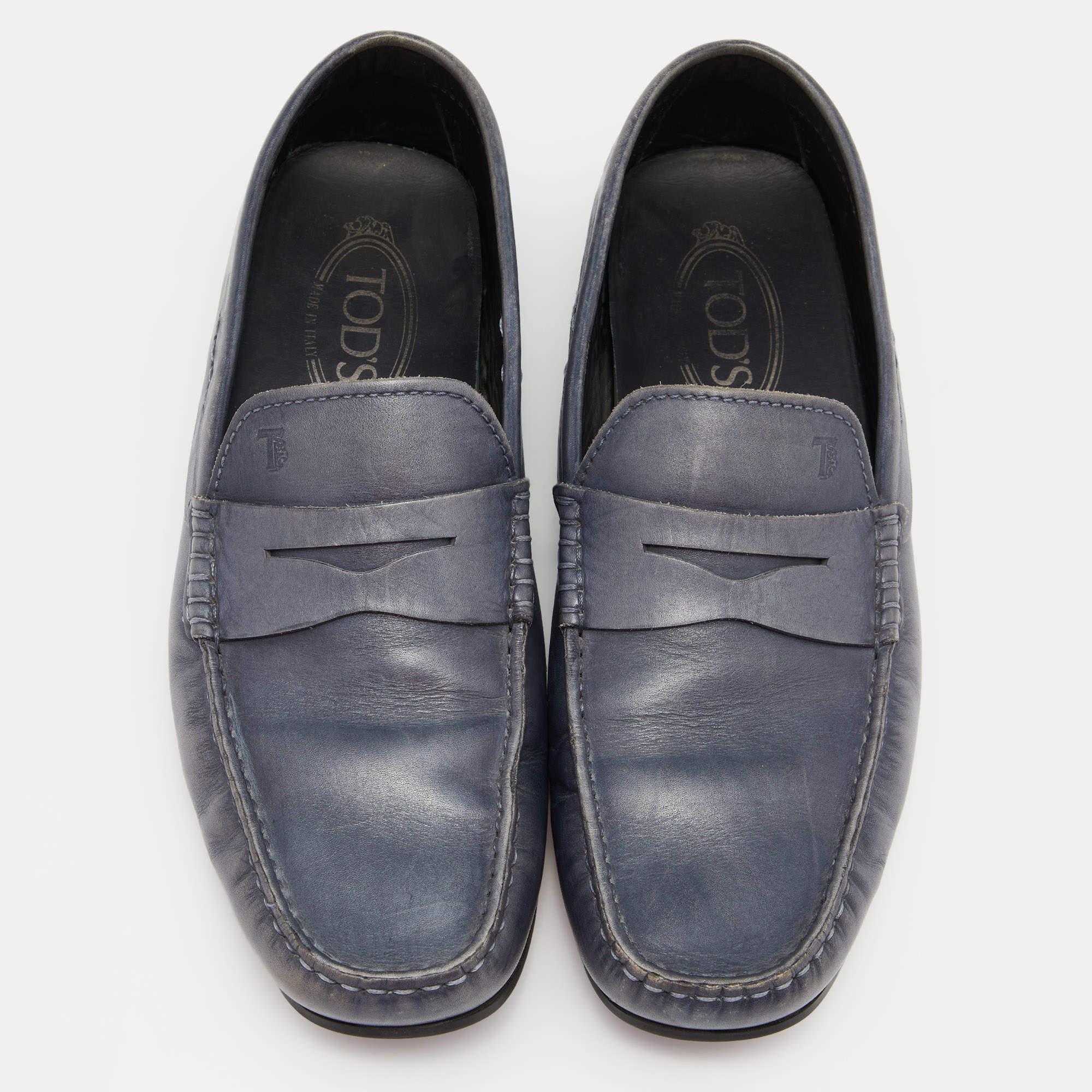 Black Tods Blue Leather Slip On Loafers Size 41.5 For Sale
