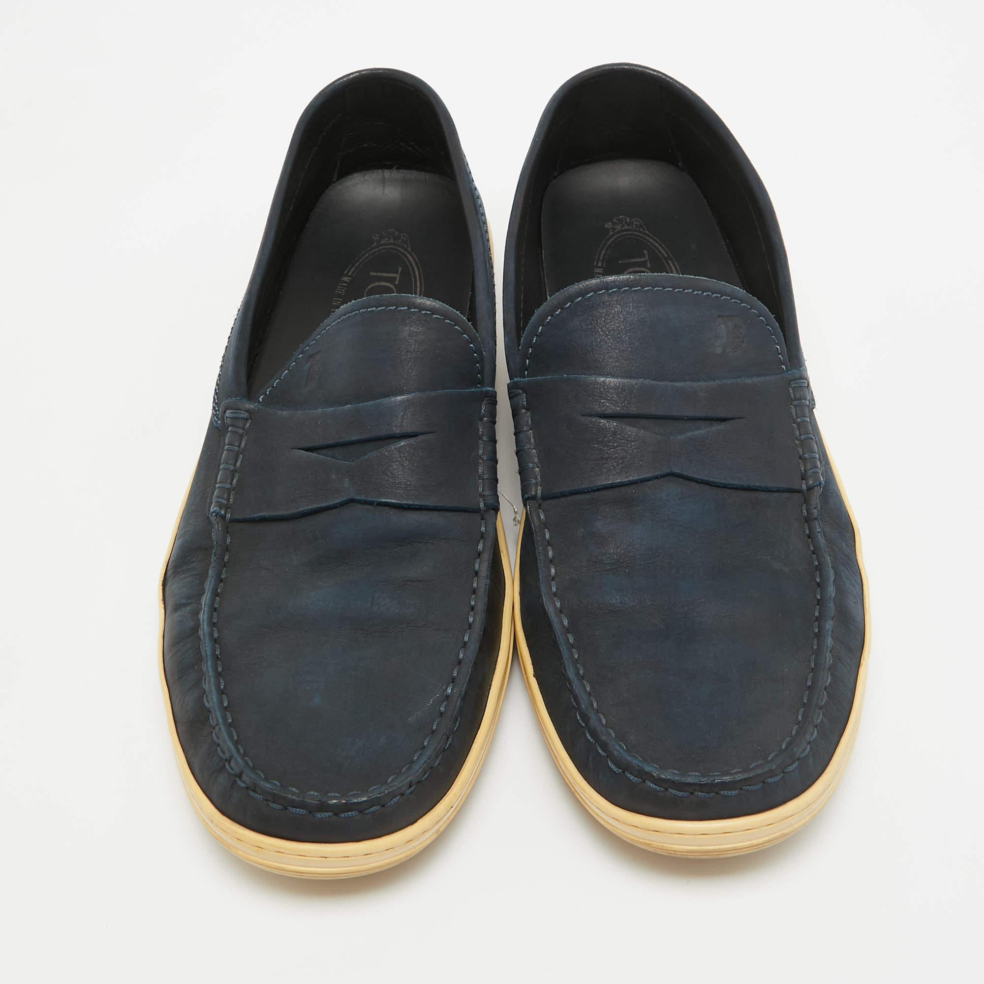 Black Tod's Blue Nubuck Leather Penny Slip On Loafers Size 41.5 For Sale