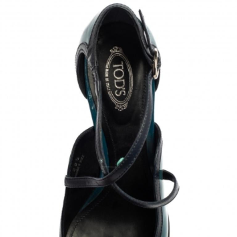 Black Tod's Blue Patent Leather Ankle Strap Platform Pumps Size 39.5 For Sale