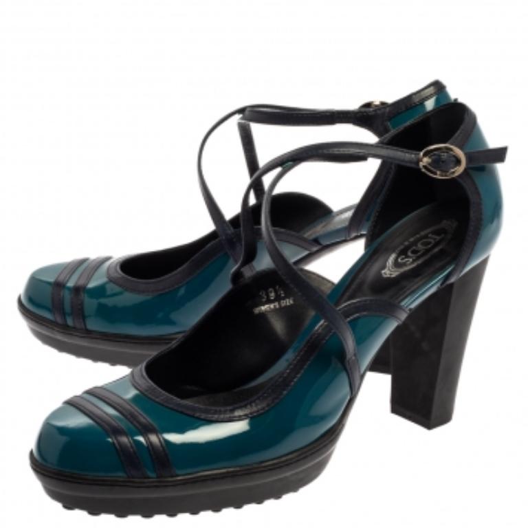 Women's Tod's Blue Patent Leather Ankle Strap Platform Pumps Size 39.5 For Sale