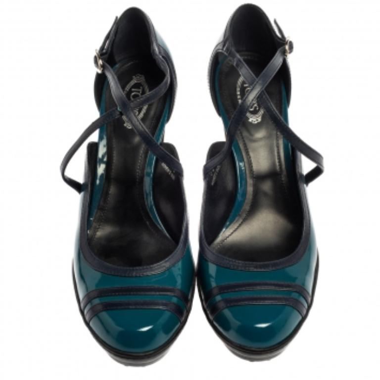 Tod's Blue Patent Leather Ankle Strap Platform Pumps Size 39.5 For Sale 2