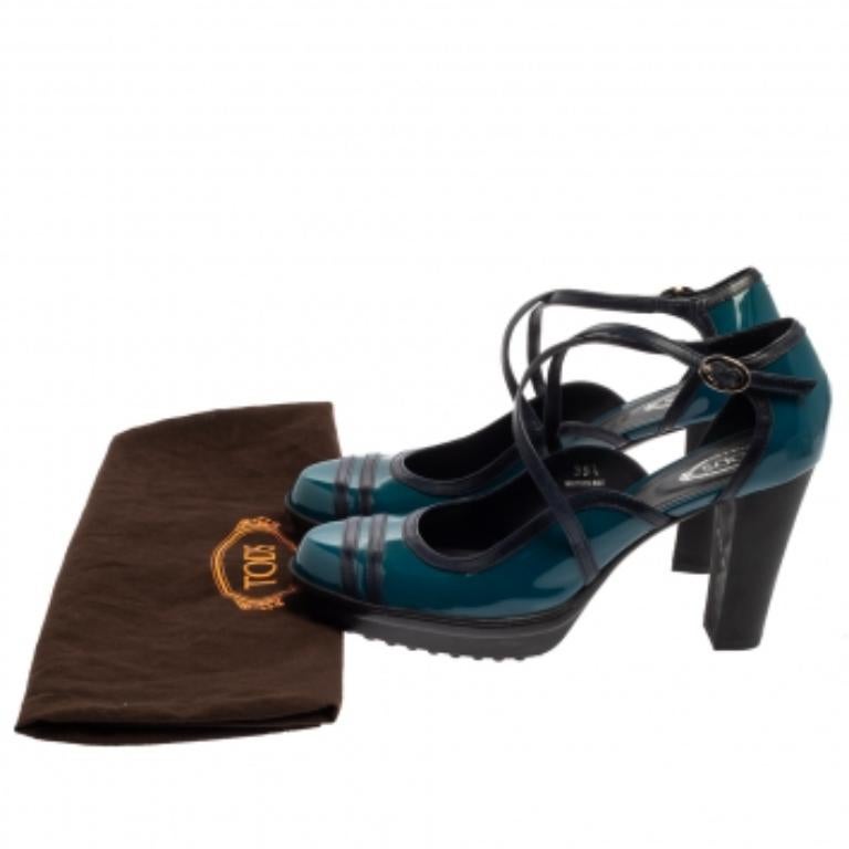 Tod's Blue Patent Leather Ankle Strap Platform Pumps Size 39.5 For Sale 3