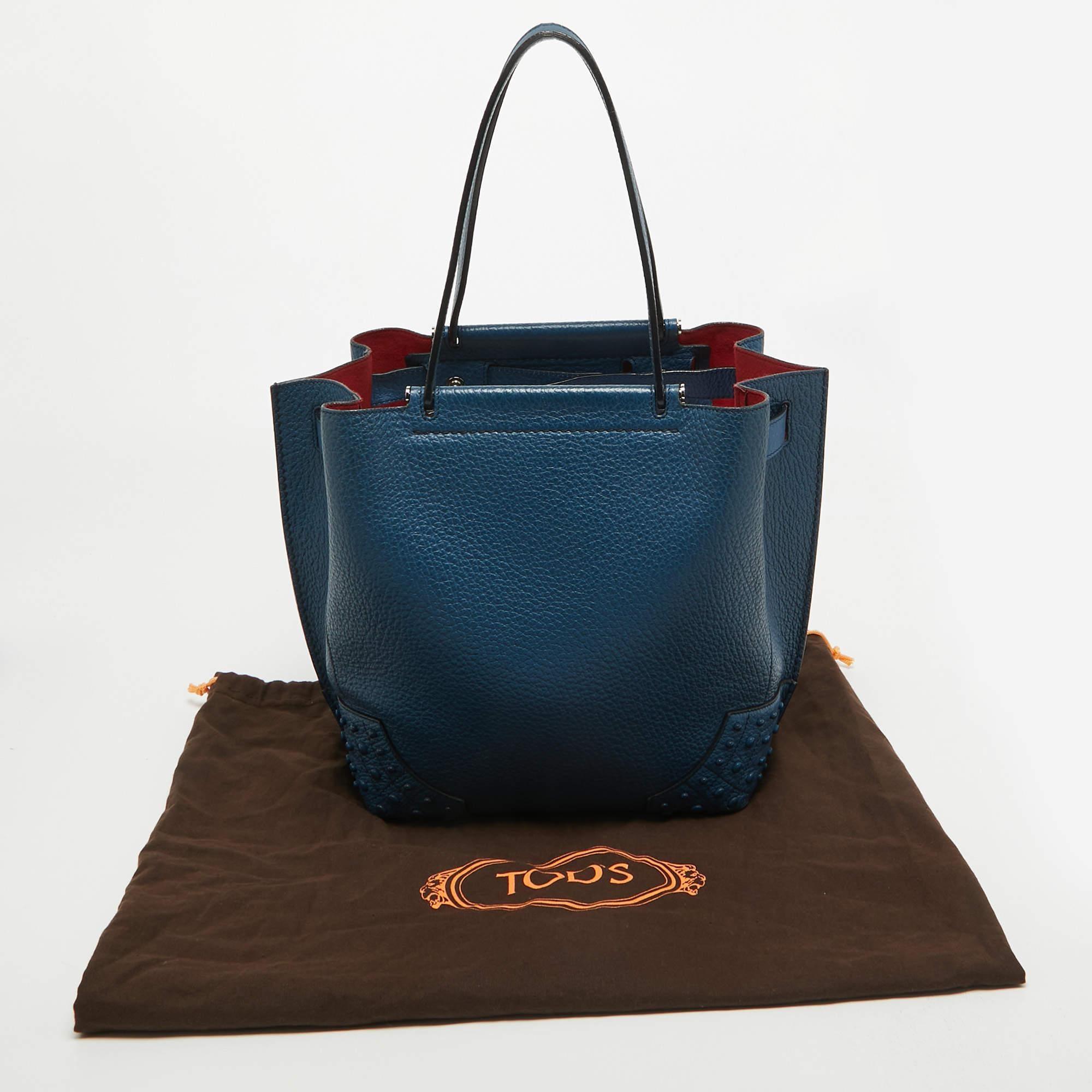Tod's Blue Pebble Leather Wave Tote For Sale 16