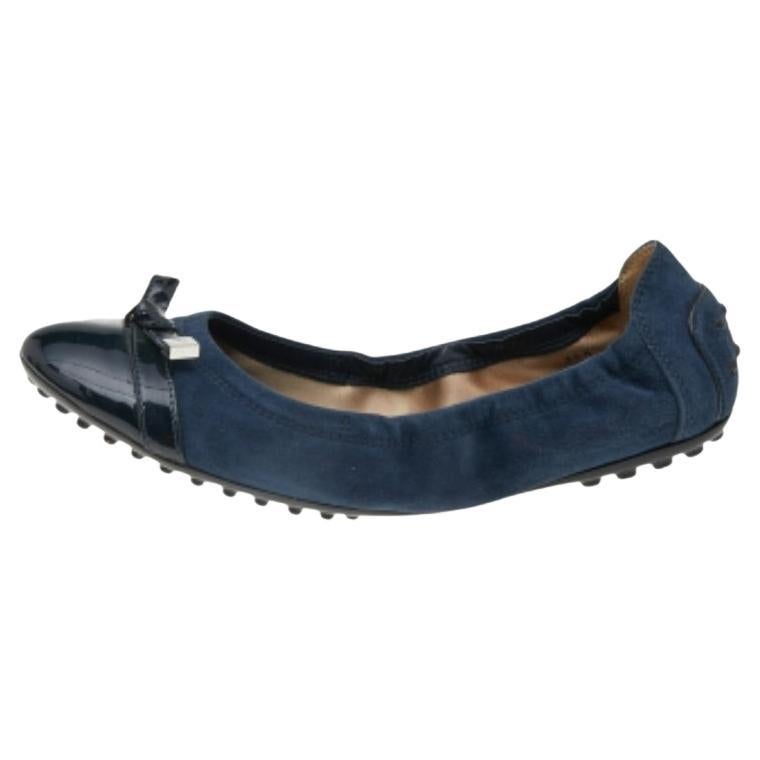 Tod's Blu Suede and Patent Leather Trim Toe Cap Scrunch Ballet Flats Taglia 36.5