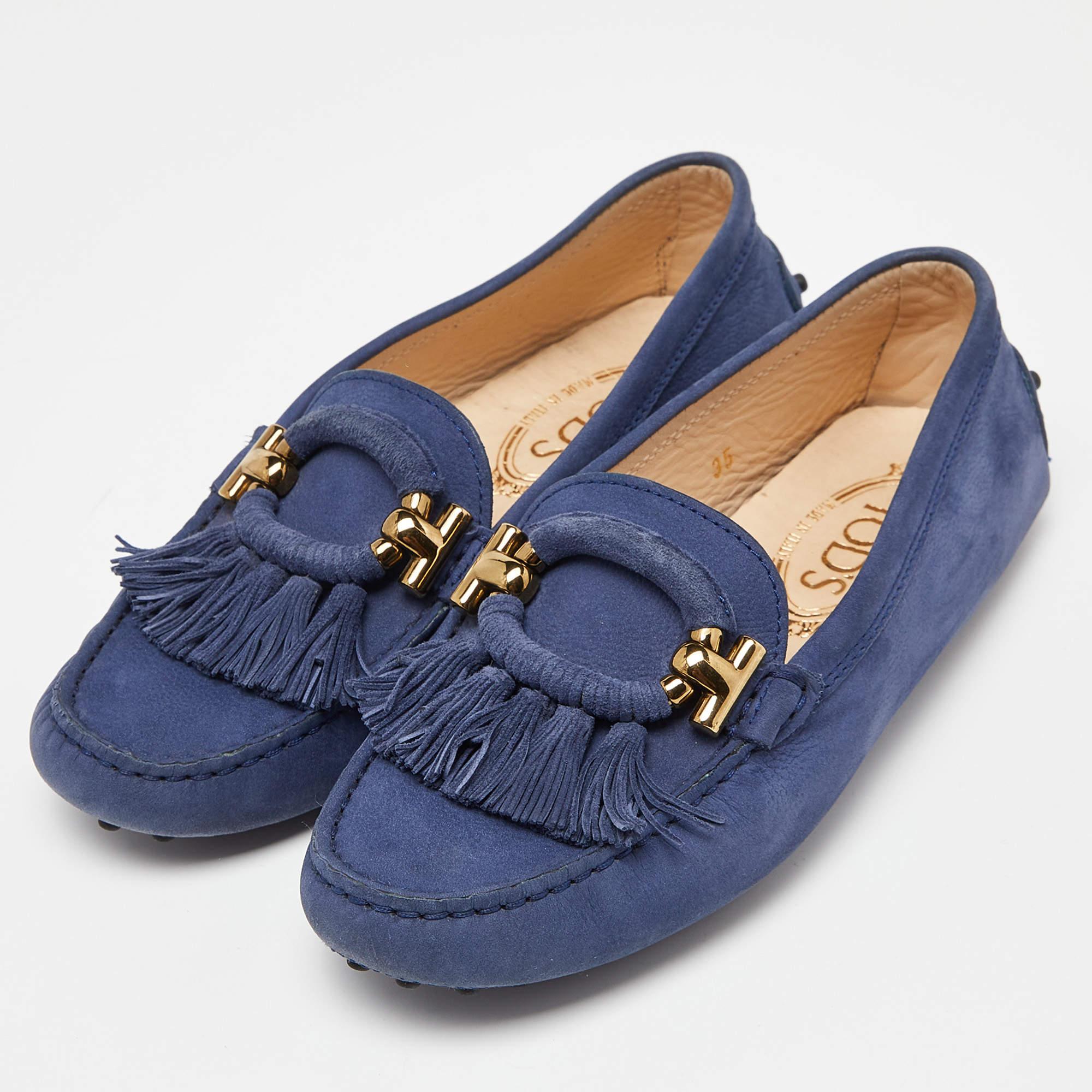 Ready to offer comfort and style this pair of loafers by Tods will make a fantastic addition to your shoe collection. Theyve been crafted from suede and styled with logo detailing and fringes on the vamps. They come equipped with comfortable