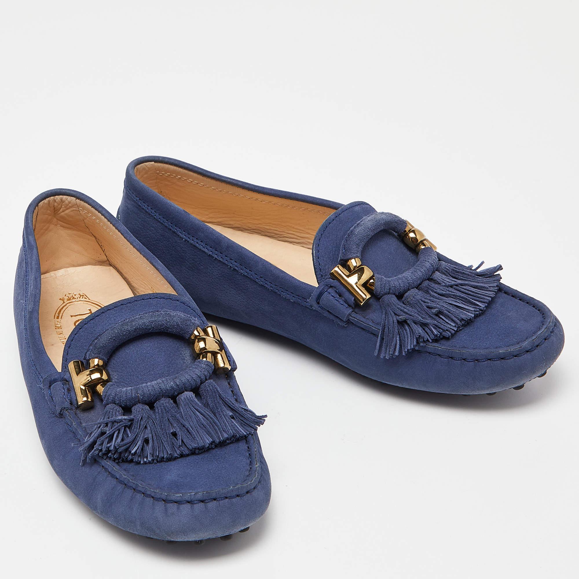 Women's Tod's Blue Suede Fringe Slip On Loafers Size 35 For Sale