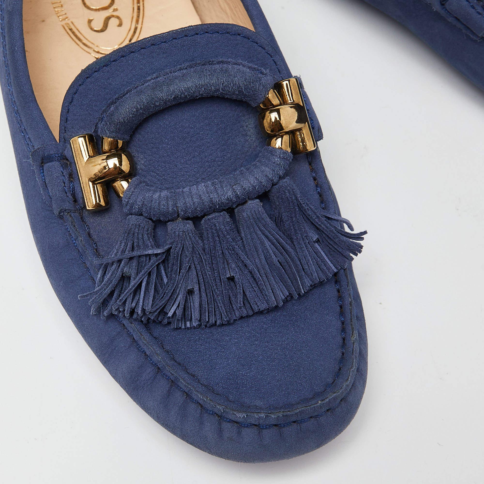 Tod's Blue Suede Fringe Slip On Loafers Size 35 For Sale 3