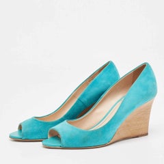 Tod's Blue Suede Peep Toe Wedge Pumps Size 40