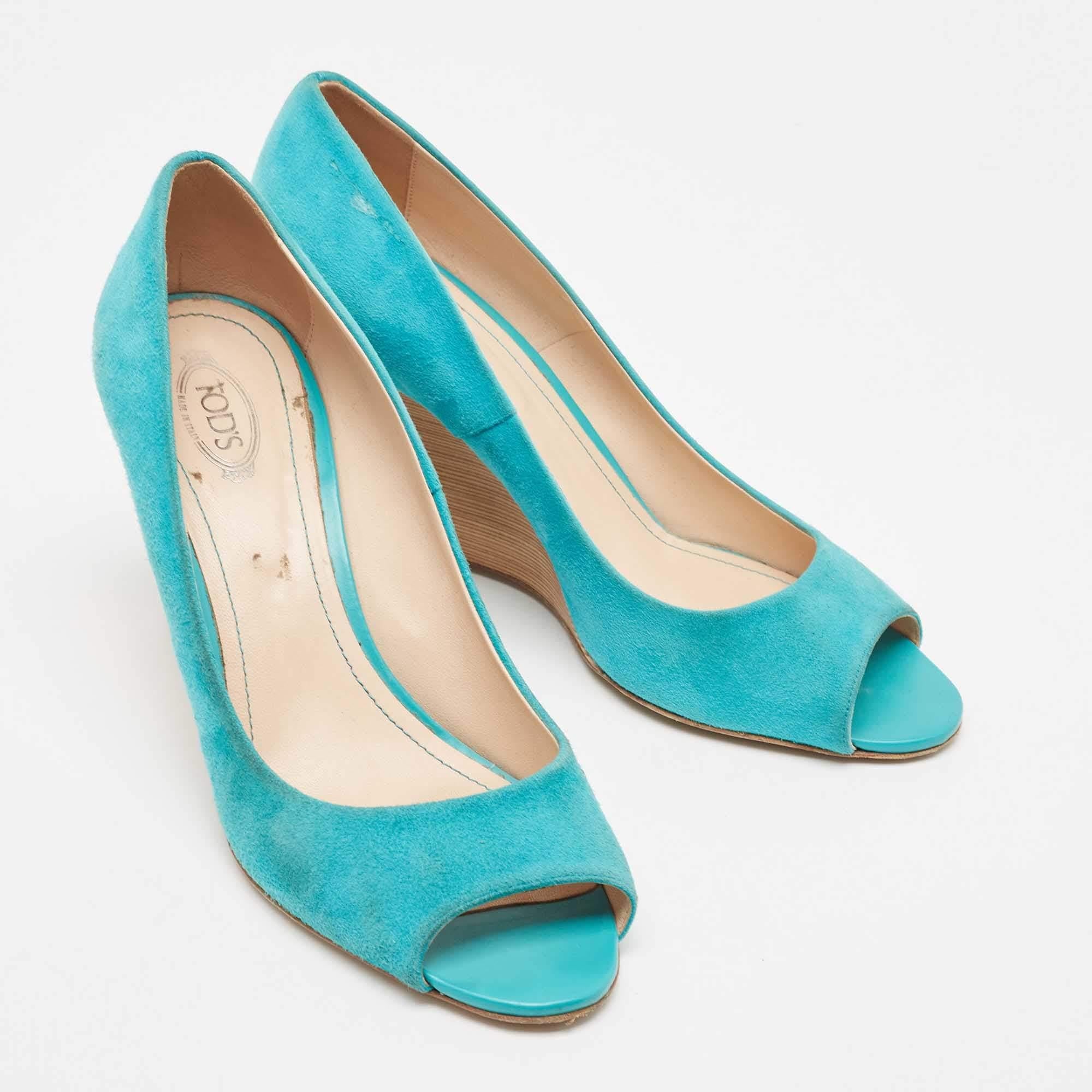 Women's Tod's Blue Suede Peep Toe Wedge Pumps Size 40 For Sale
