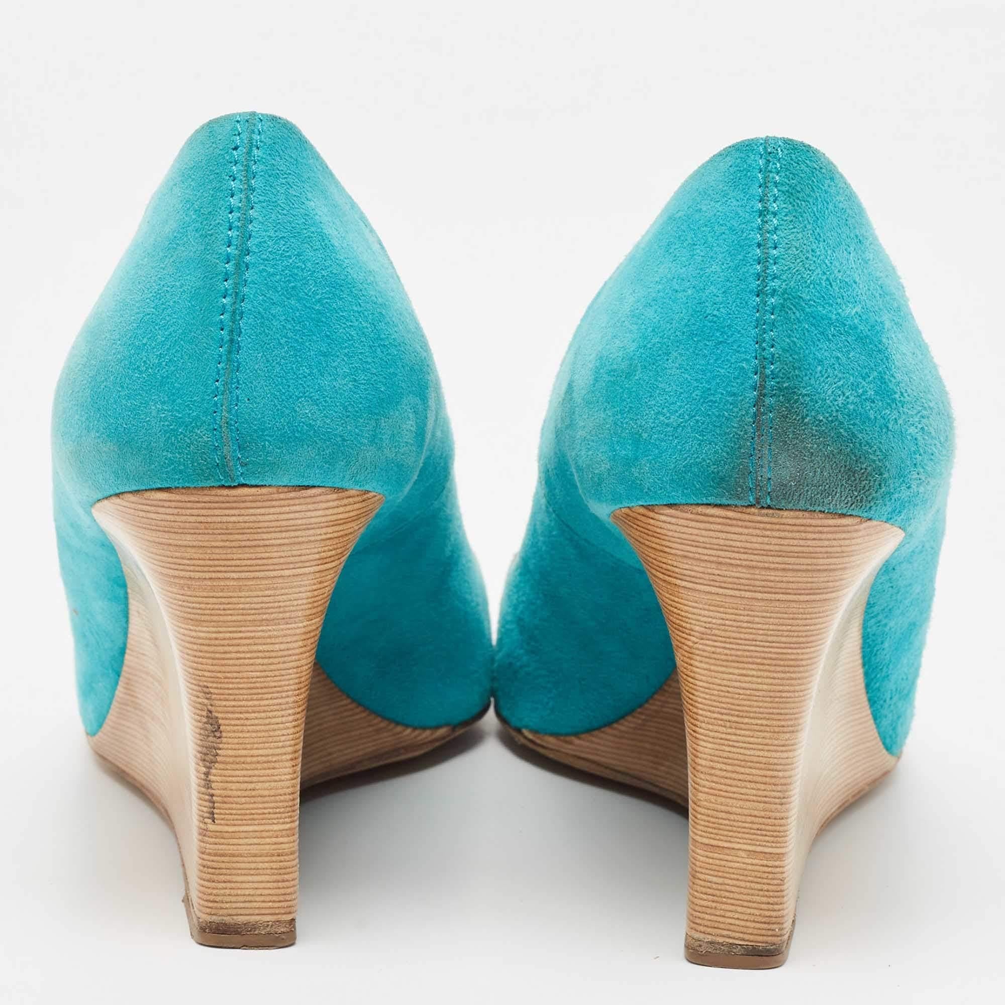 Tod's Blue Suede Peep Toe Wedge Pumps Size 40 For Sale 1