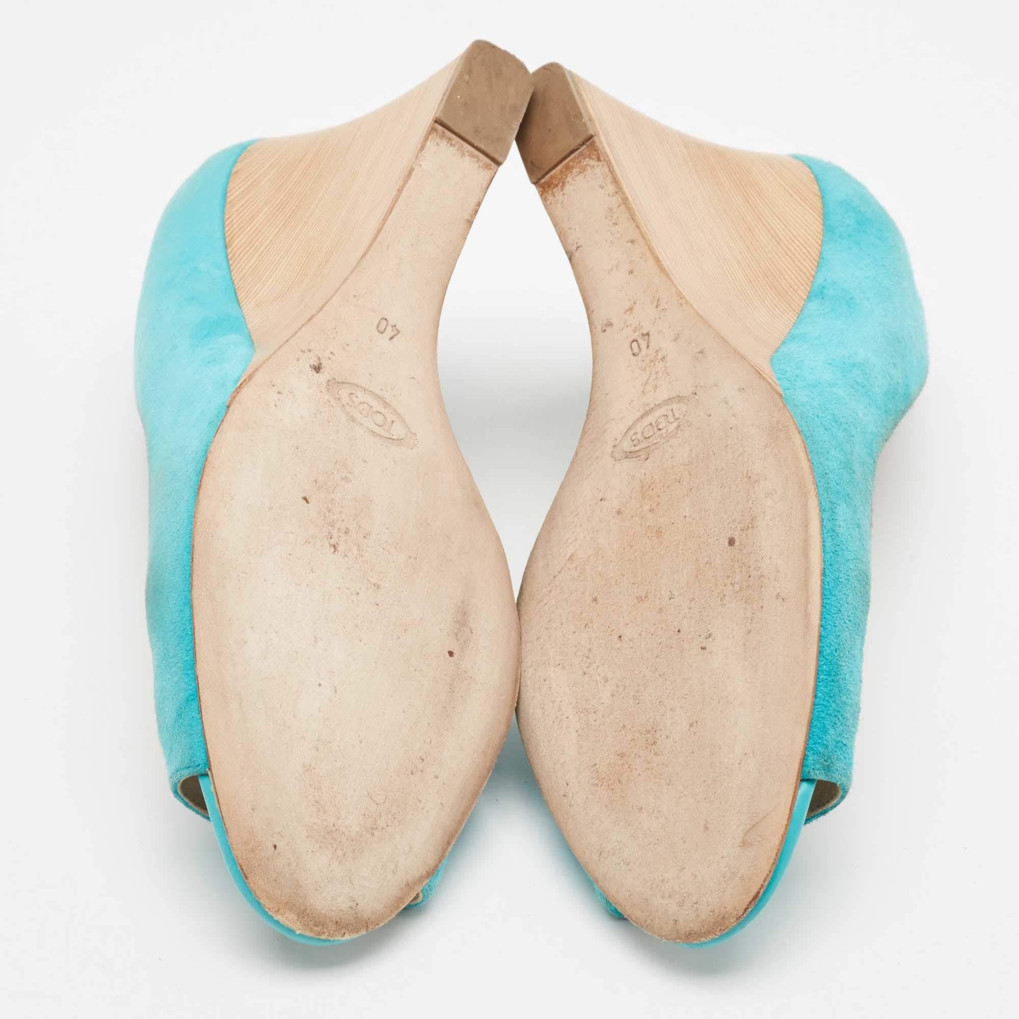 Tod's Blue Suede Peep Toe Wedge Pumps Size 40 For Sale 2