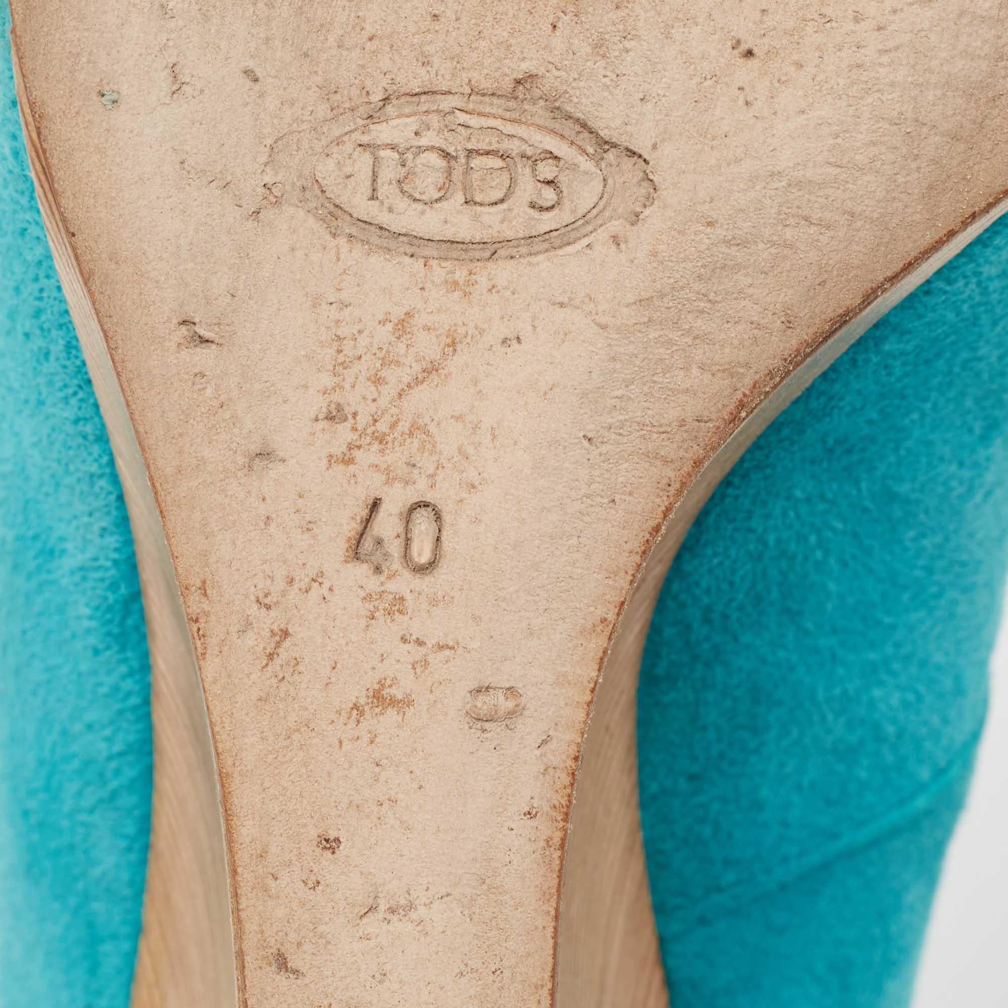 Tod's Blue Suede Peep Toe Wedge Pumps Size 40 For Sale 4