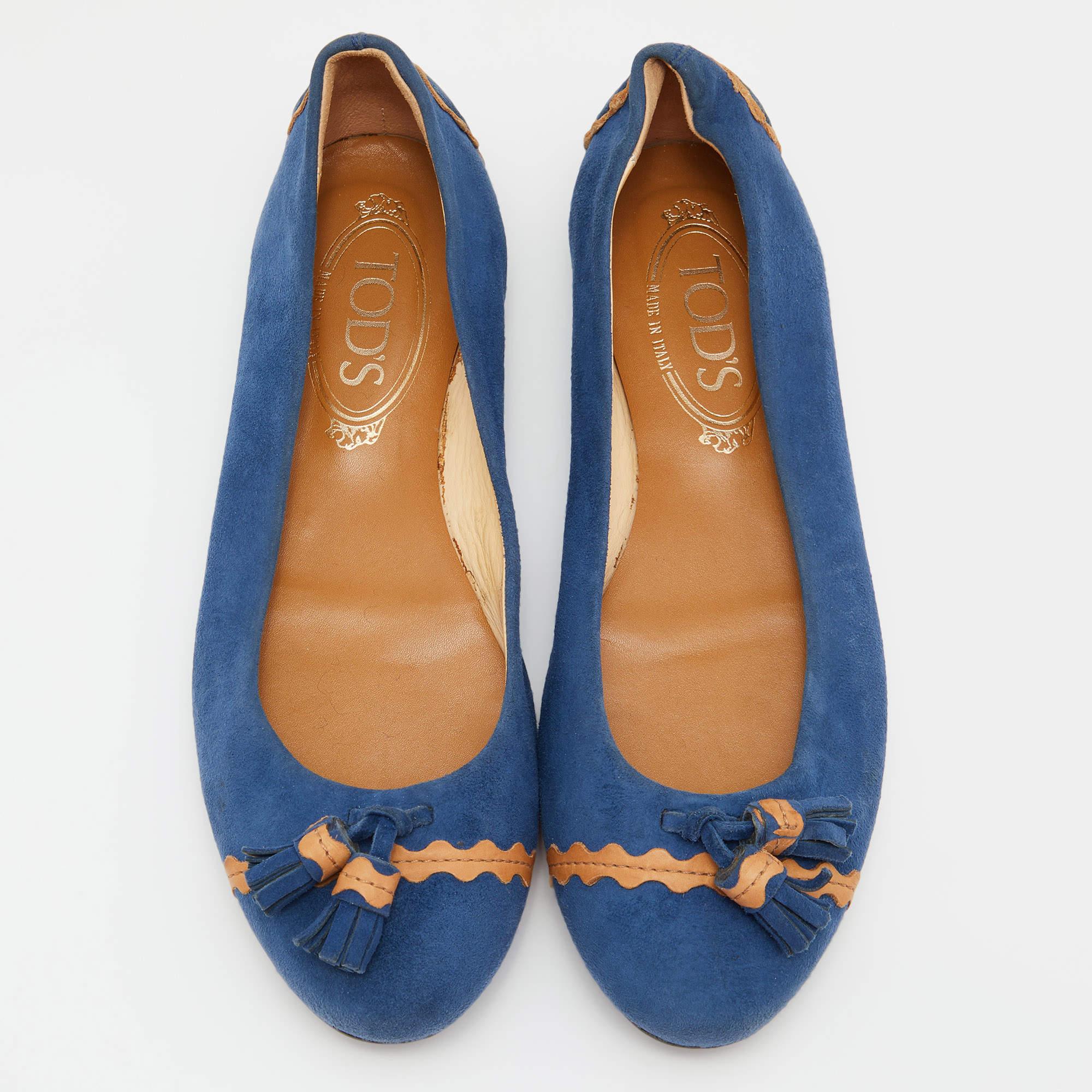 Purple Tod's Blue/Tan Leather Tassel Ballet Flats Size 37 For Sale