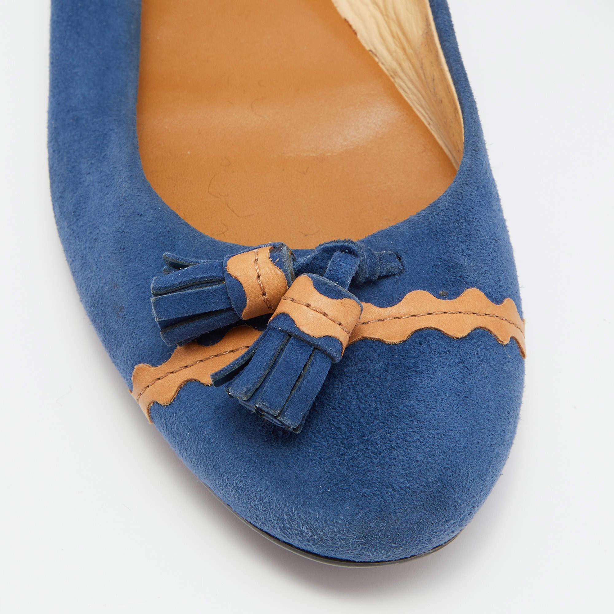 Tod's Blue/Tan Leather Tassel Ballet Flats Size 37 For Sale 3