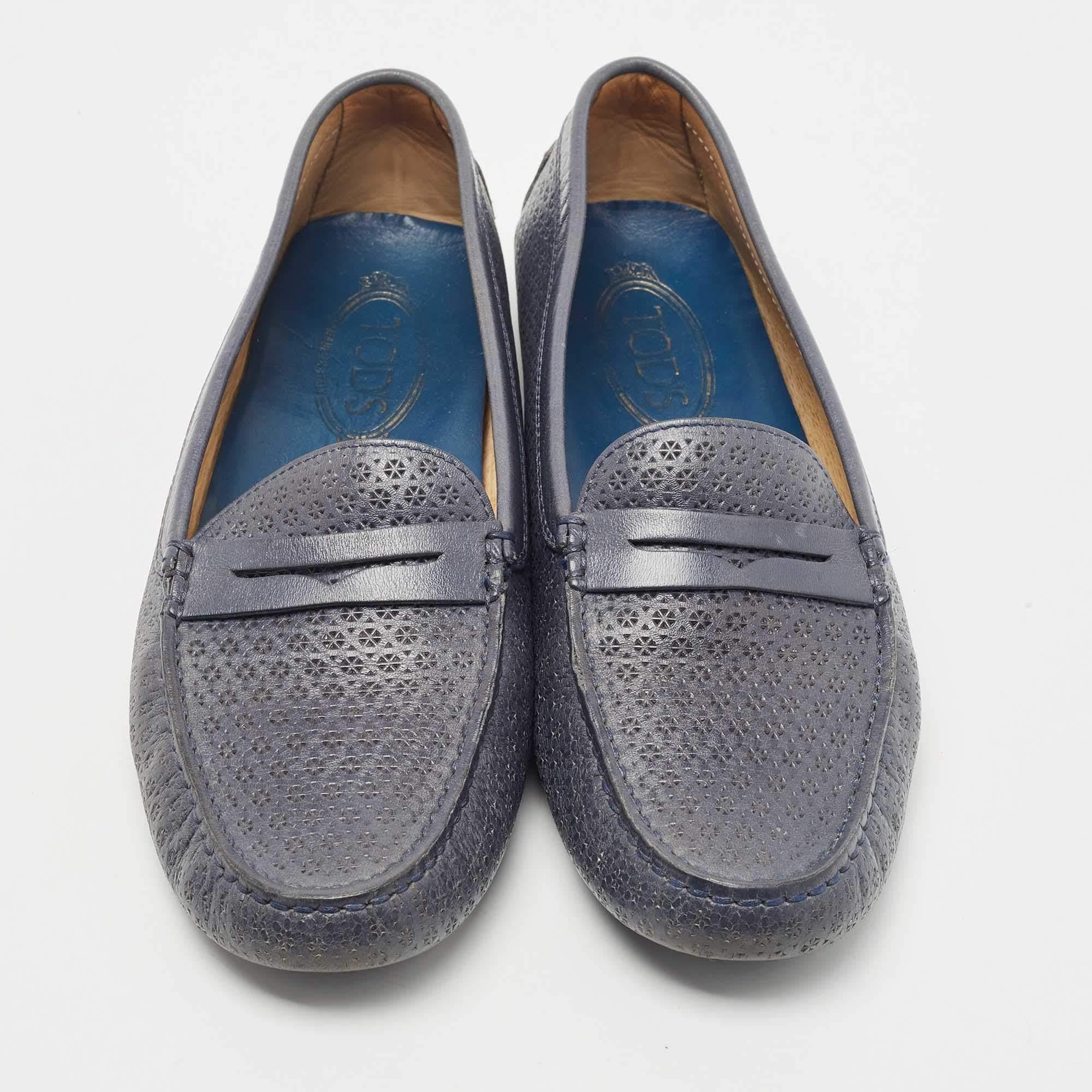 Gray Tod's Blue Textured Leather Penny Slip On Loafers Size 40.5 For Sale