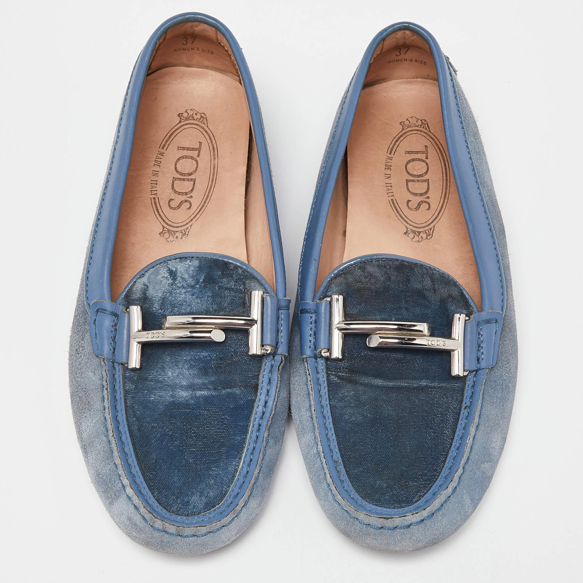 Tod's Blau Samt Wildleder und Leder Double T Gommino Driving Loafers Größe 37 (Grau)