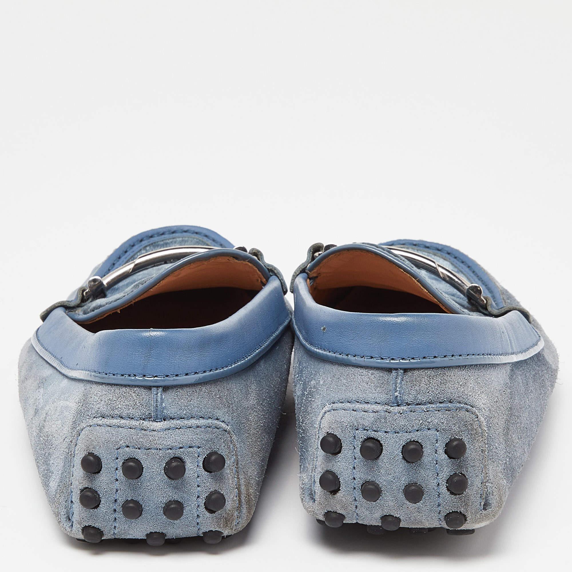 Tod's Blau Samt Wildleder und Leder Double T Gommino Driving Loafers Größe 37 Damen