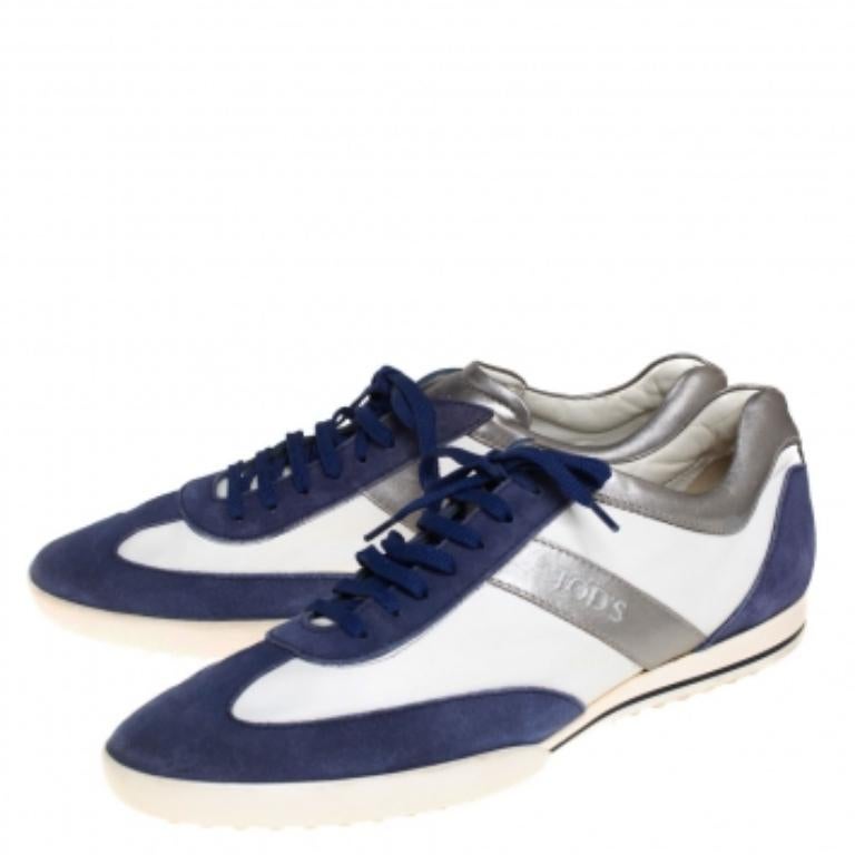 Gray Tod's Blue/White Leather And Suede Low Top Sneakers Size 44 For Sale