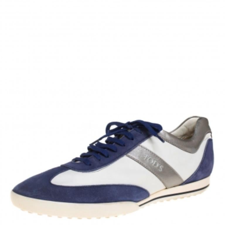 Tod's Blue/White Leather And Suede Low Top Sneakers Size 44 In Good Condition For Sale In Dubai, Al Qouz 2