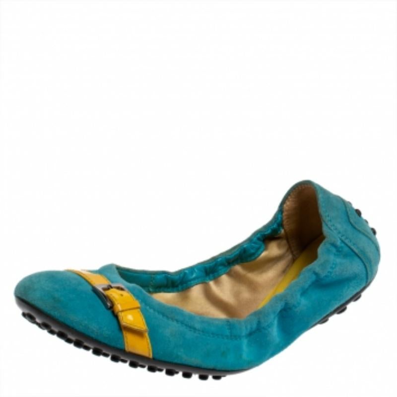 Tod's Blue/Yellow Suede & Patent Trim Buckle Detail Scrunch Ballet Flats Size 36 For Sale 6