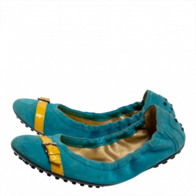 Tod's Blue/Yellow Suede & Patent Trim Buckle Detail Scrunch Ballet Flats Size 36 For Sale 5