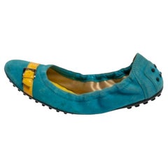 Tod's Blue/Yellow Suede & Patent Trim Buckle Detail Scrunch Ballet Flats Size 36