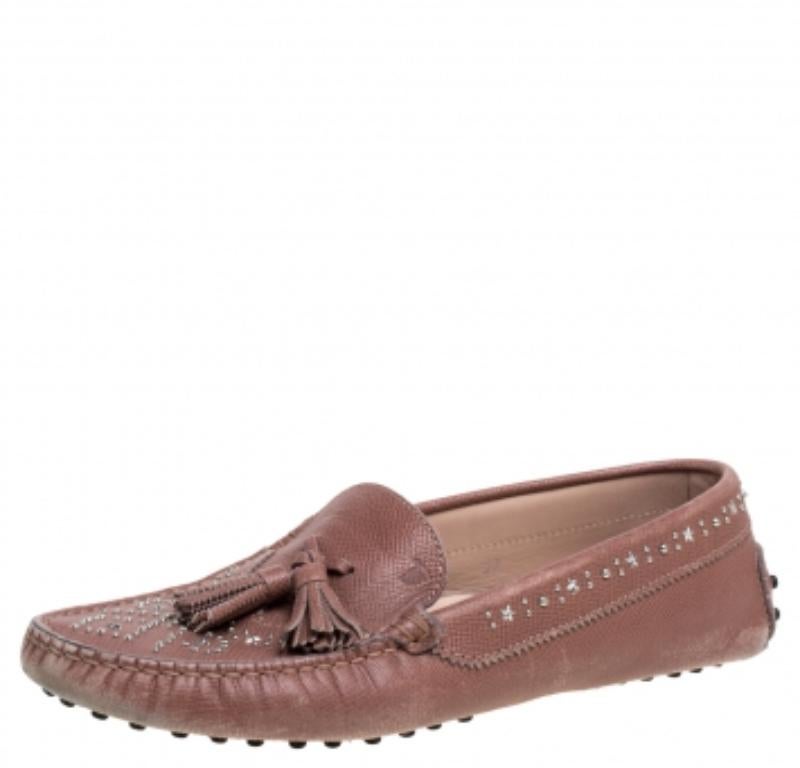 Brown Tod's Blush Pink Leather Tassel Embellished Loafers Size 39 For Sale