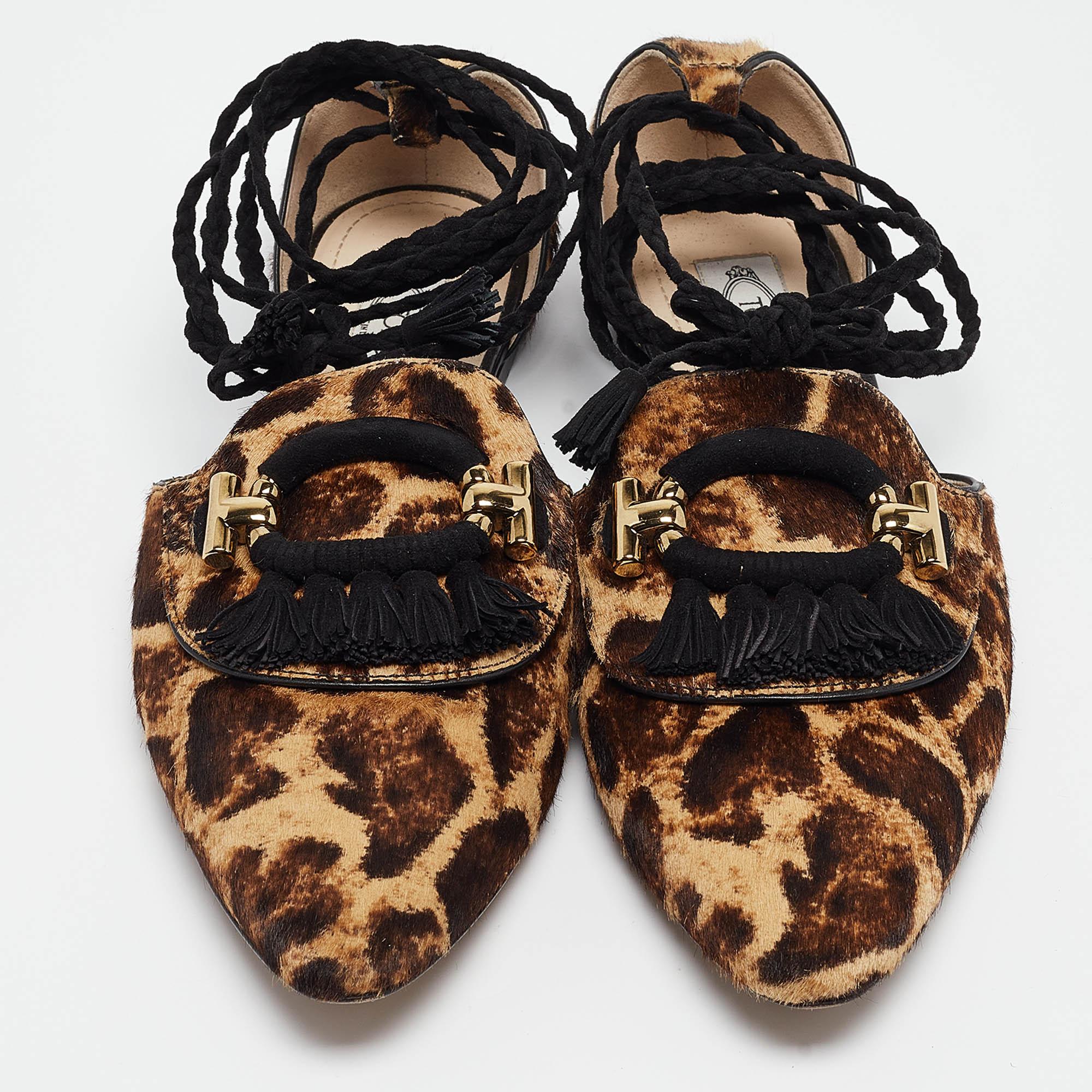 Black Tod's Brown/Beige Animal Print Calf Hair Ankle Tie Flats Size 38.5 For Sale