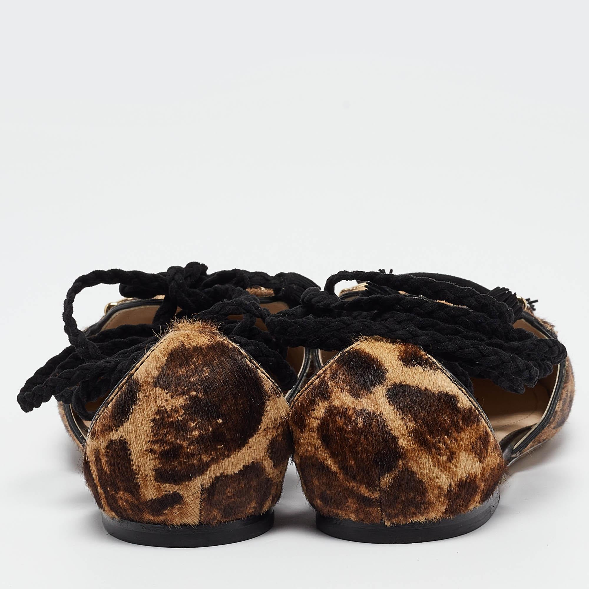 Women's Tod's Brown/Beige Animal Print Calf Hair Ankle Tie Flats Size 38.5 For Sale