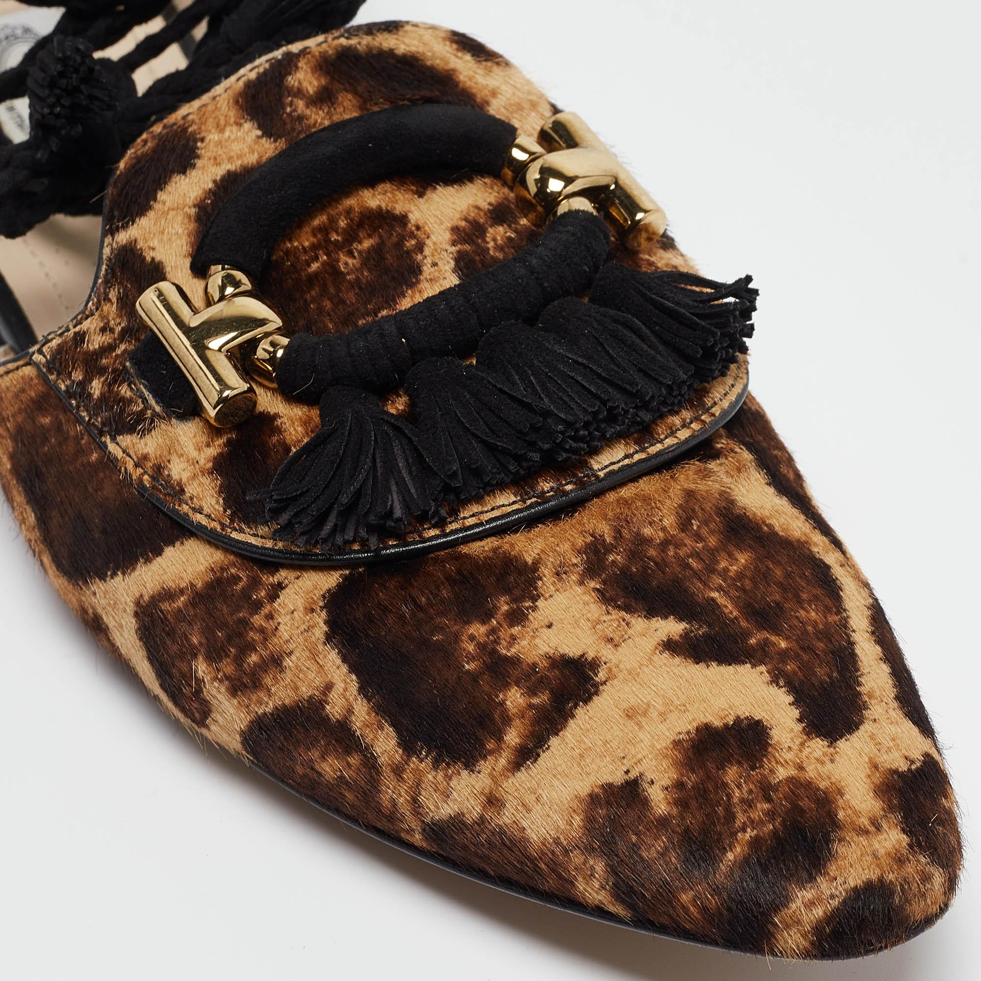 Tod's Brown/Beige Animal Print Calf Hair Ankle Tie Flats Size 38.5 For Sale 2