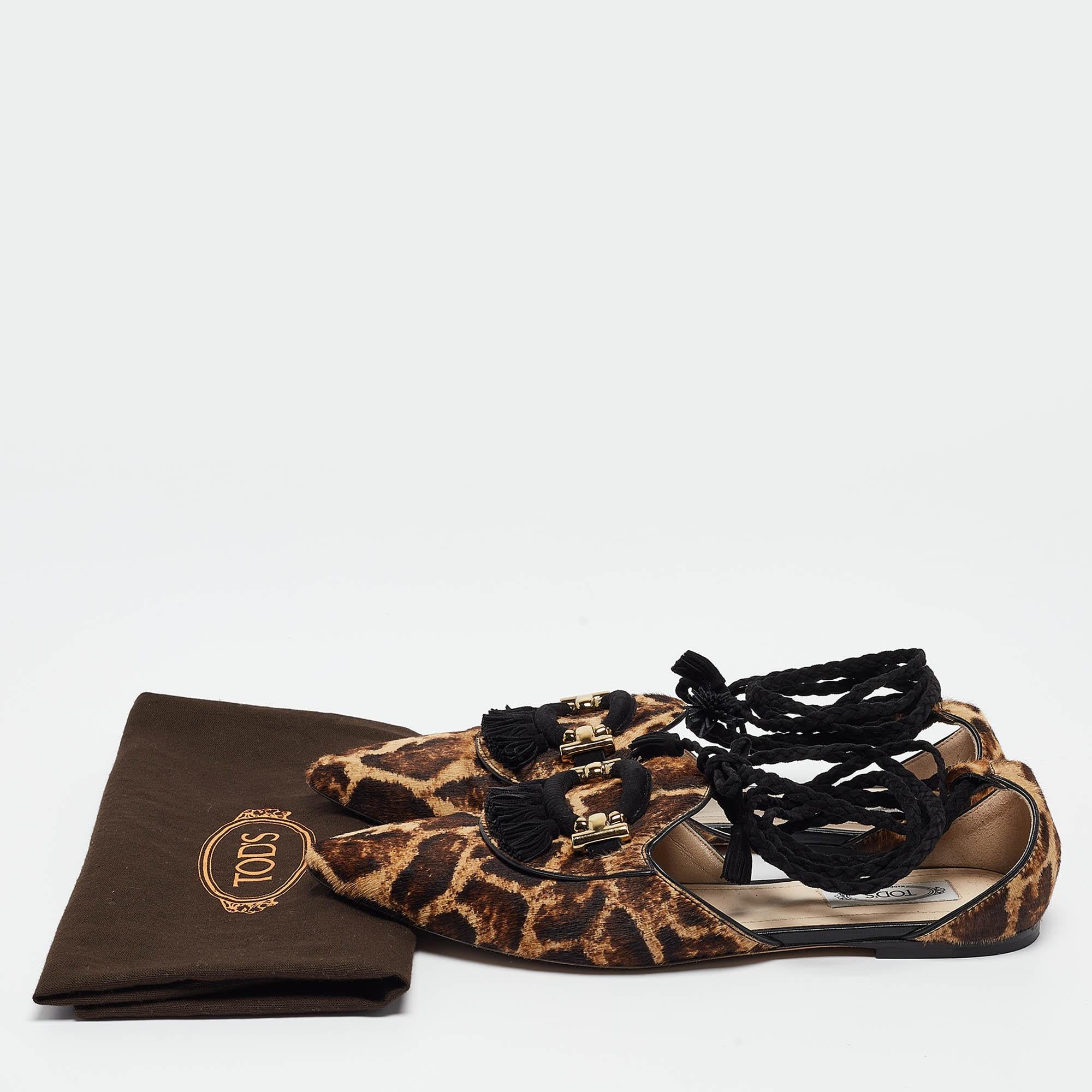 Tod's Brown/Beige Animal Print Calf Hair Ankle Tie Flats Size 38.5 For Sale 4