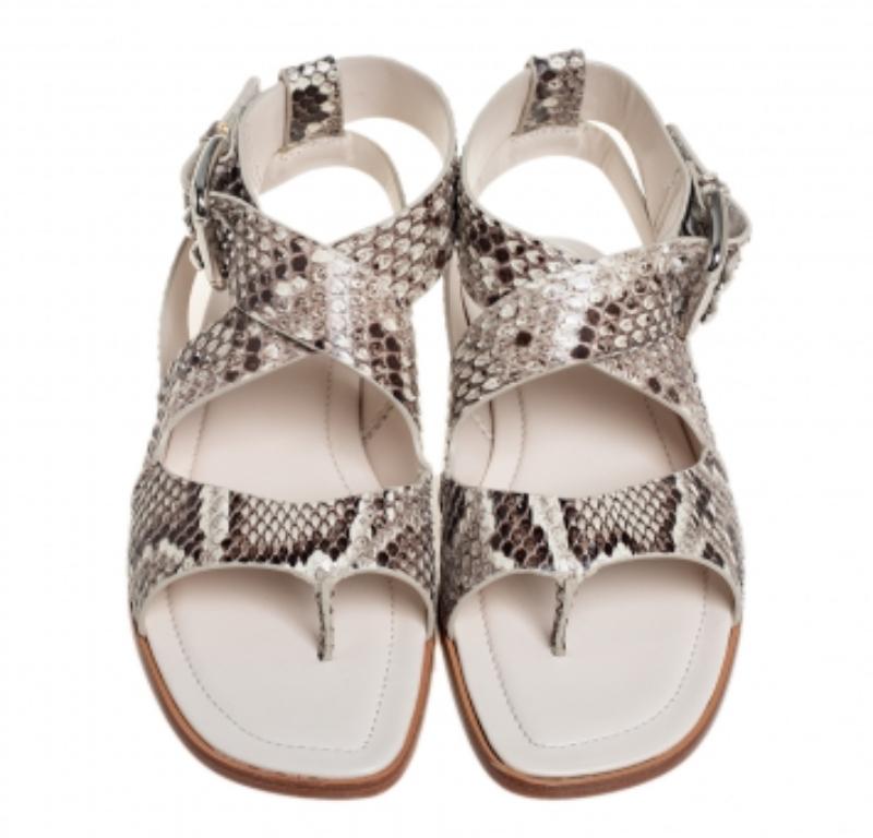 Beige Tod's Brown/Cream Python Leather Ankle Strap Flat Sandals Size 37.5 For Sale