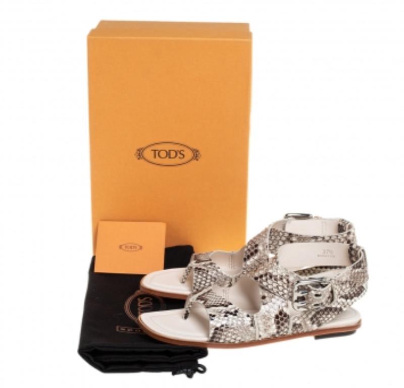 Tod's Brown/Cream Python Leather Ankle Strap Flat Sandals Size 37.5 For Sale 1