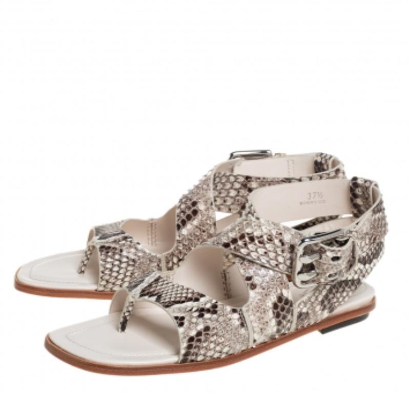 Tod's Brown/Cream Python Leather Ankle Strap Flat Sandals Size 37.5 For Sale 2