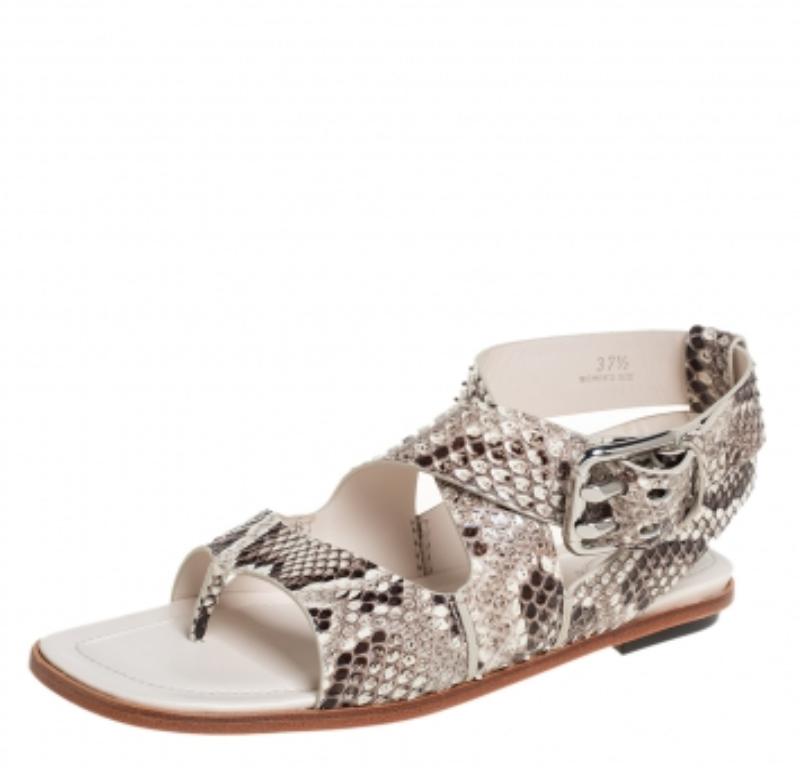 Tod's Brown/Cream Python Leather Ankle Strap Flat Sandals Size 37.5 For Sale 3