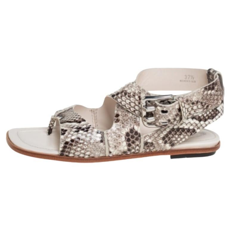 Tod's Brown/Cream Python Leather Ankle Strap Flat Sandals Size 37.5 For Sale