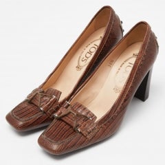 Tod's Brown Croc Embossed Leather Square Toe Loafer Pumps Size 36.5