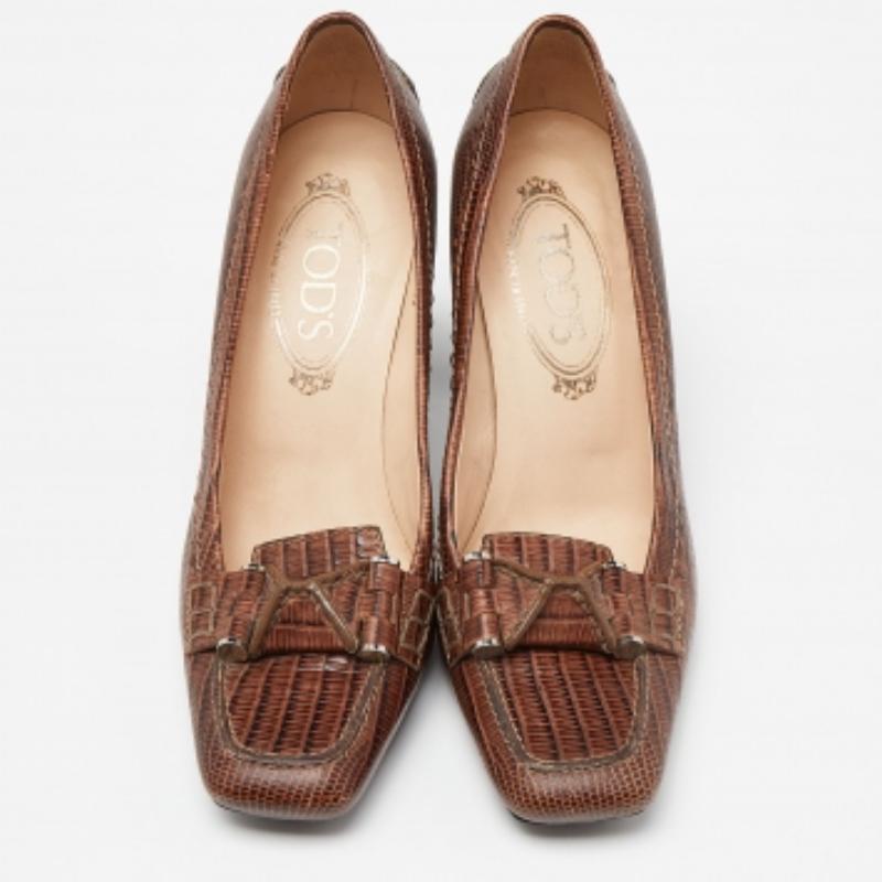 Marrone Tod's - Pumps a punta quadrata in pelle marrone goffrata Taglia 36,5 in vendita