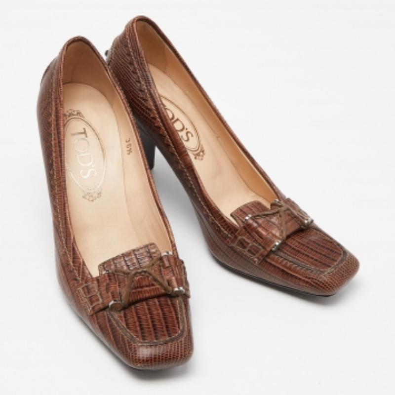 Donna Tod's - Pumps a punta quadrata in pelle marrone goffrata Taglia 36,5 in vendita
