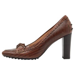 Tod's Brown Croc Embossed Leather Square Toe Loafer Pumps Size 36.5