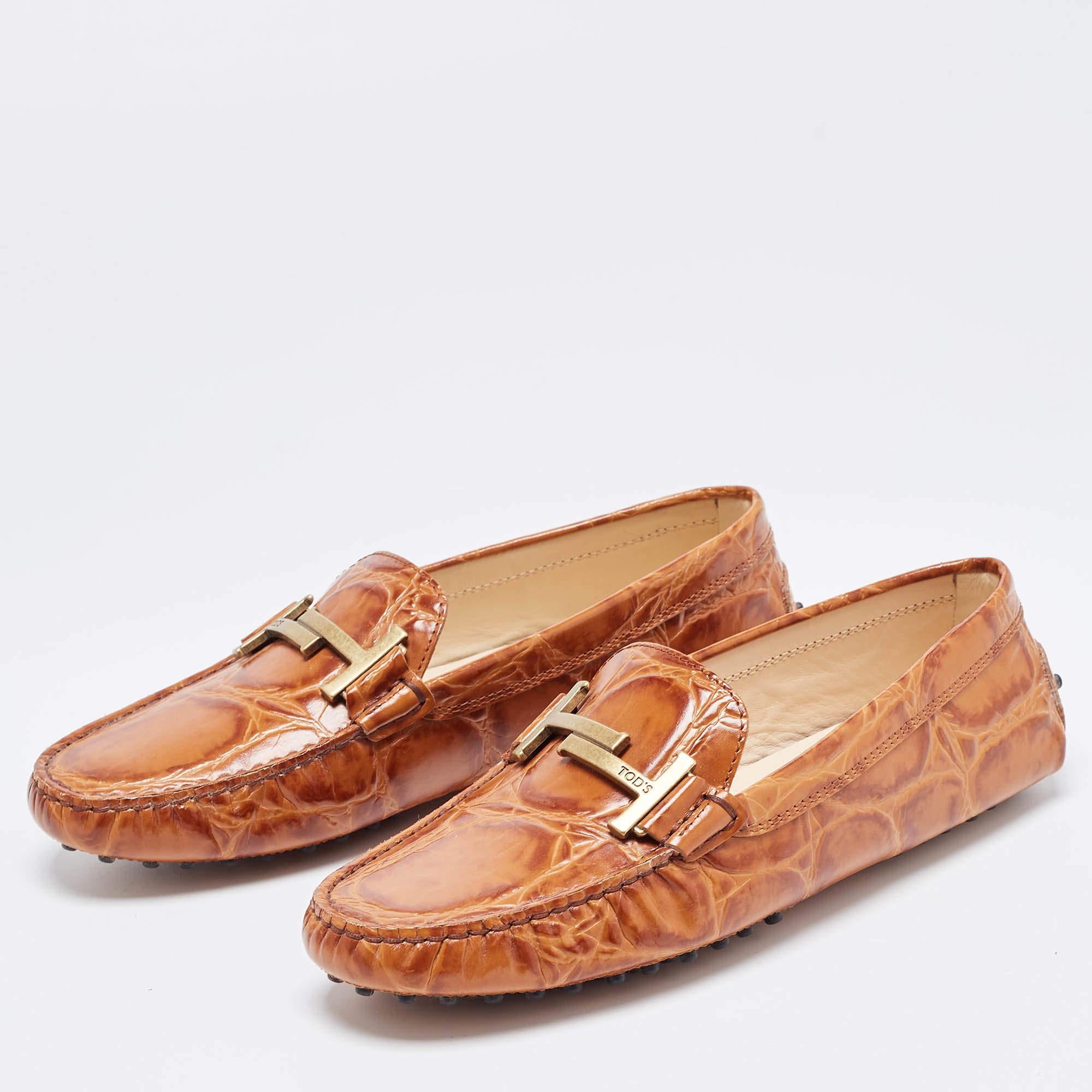 Tod's Brown Crocodile Embossed Leather Double T Slip On Loafers Size 39 2