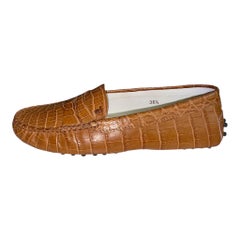 TOD'S Brown Exotic Gommino Moccasins Loafers Alligator Crocodile Skin 36.5
