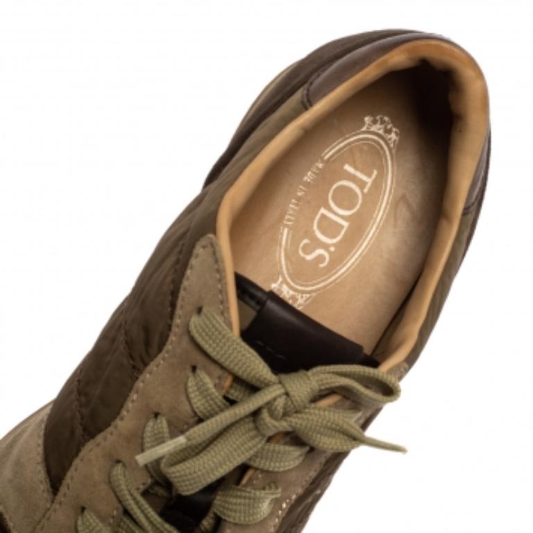 Men's Tod's Brown/Green Nylon, Leather and Suede Low Top Sneakers Size 44 For Sale