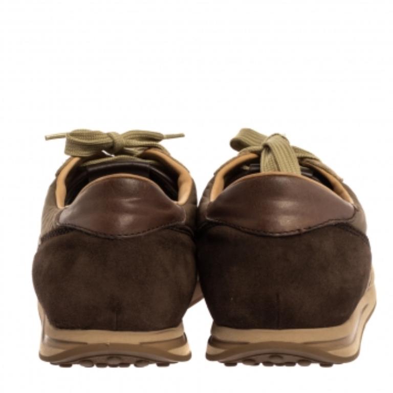 Tod's Brown/Green Nylon, Leather and Suede Low Top Sneakers Size 44 For Sale 1