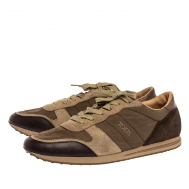 Tod's Brown/Green Nylon, Leather and Suede Low Top Sneakers Size 44 For Sale 2