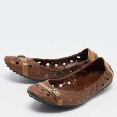 Tod's Brown Laser Cut Leather Scrunch Ballet Flats Size 37.5