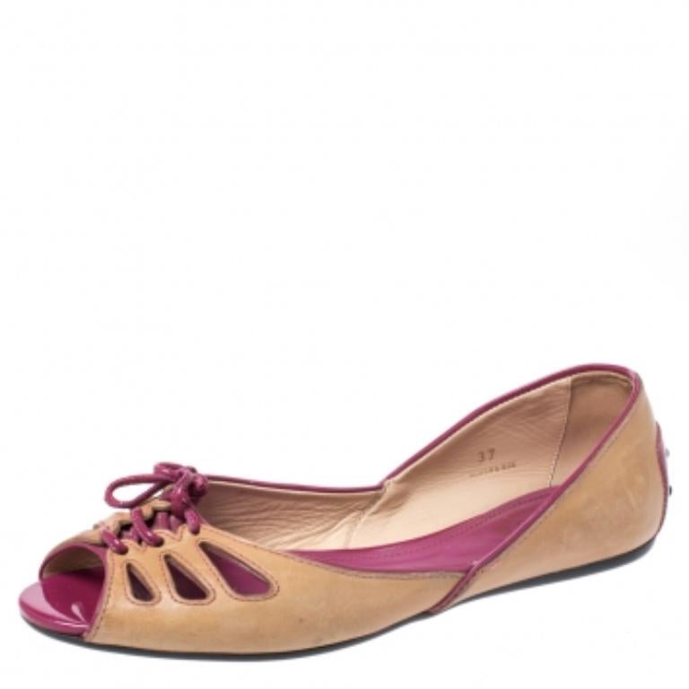 Tod's Brown Leather And Patent Trim Peep Toe Ballet Flats Size 37 État moyen - En vente à Dubai, Al Qouz 2