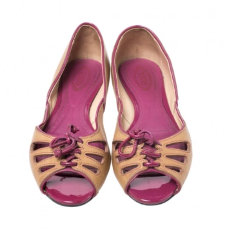 Tod's Brown Leather And Patent Trim Peep Toe Ballet Flats Size 37 Pour femmes en vente