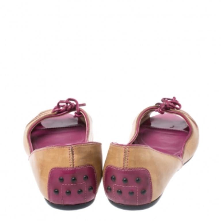 Tod's Brown Leather And Patent Trim Peep Toe Ballet Flats Size 37 en vente 1